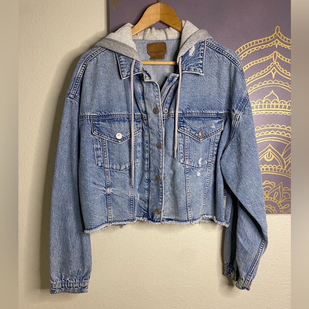 AMERICAN EAGLE Heather Gray Hoodie Denim Jacket